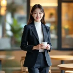 コーヒーを持って微笑む女性