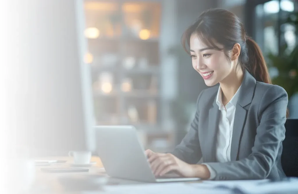 笑顔でPCを操作する女性